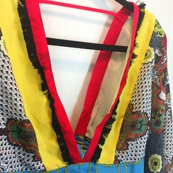 kimono sleeve boho Tribal cropped V-neck/back multicolored with Fringe top sz S - Picture 5 of 10